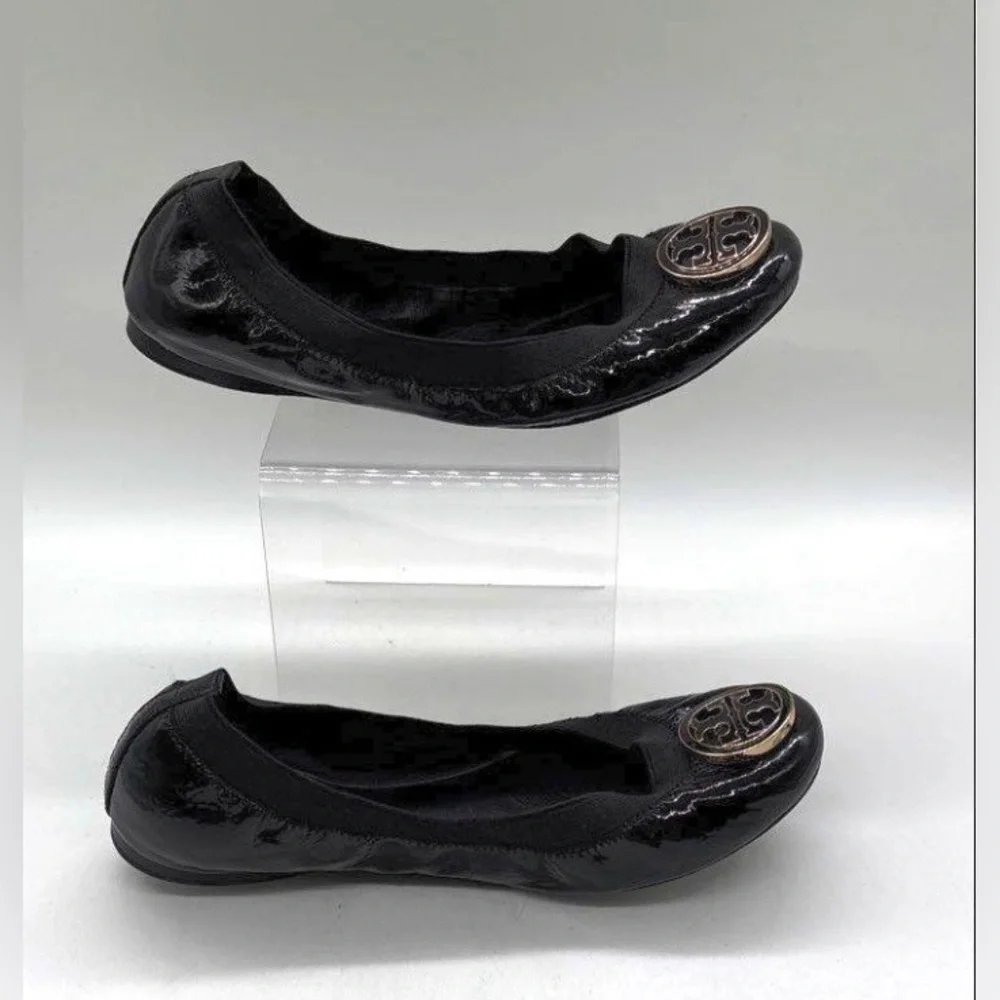Tory Burch Black Patent Flats with Gold Emblem
